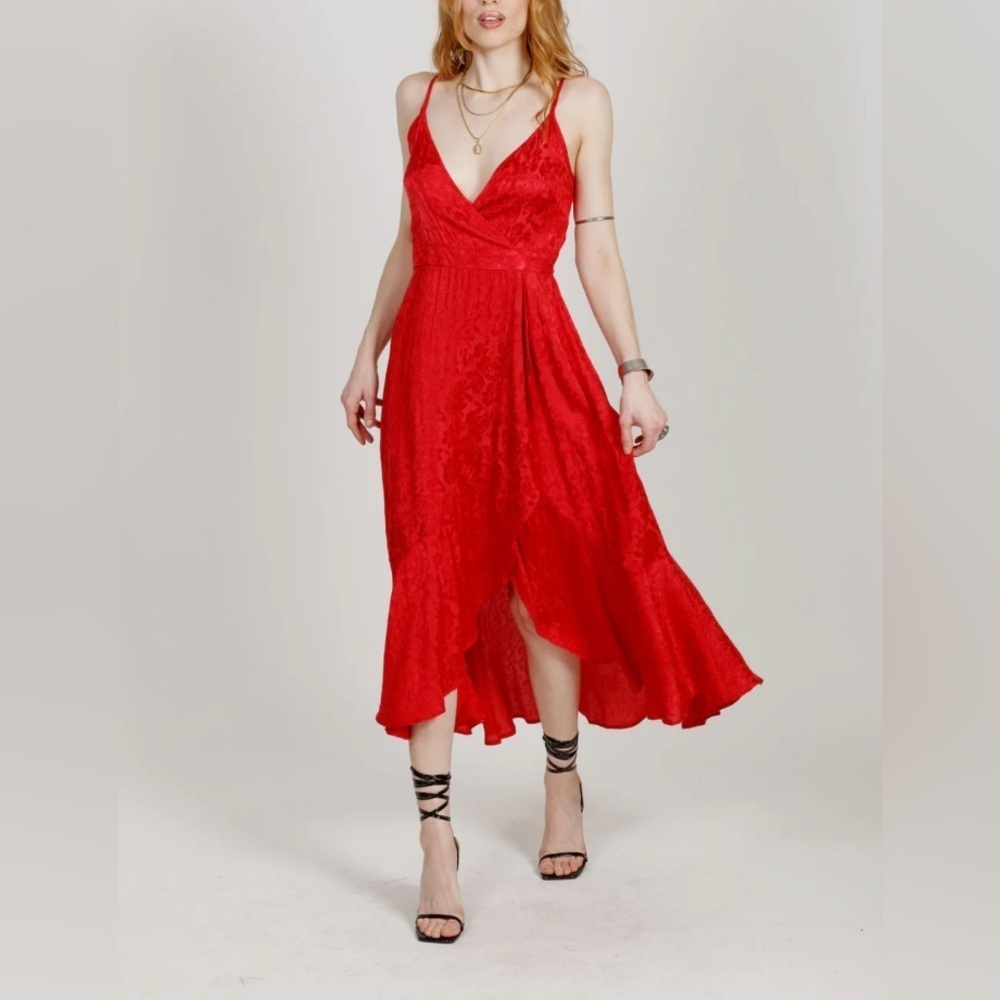 Band Of The Free Anina Ruby Red Faux Wrap MIDI Dress Cutout Womens Size XS NWT